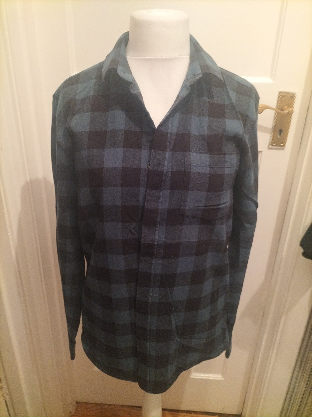 Mens Peacocks Size L Dark Teal Check Long Sleeved Shirt