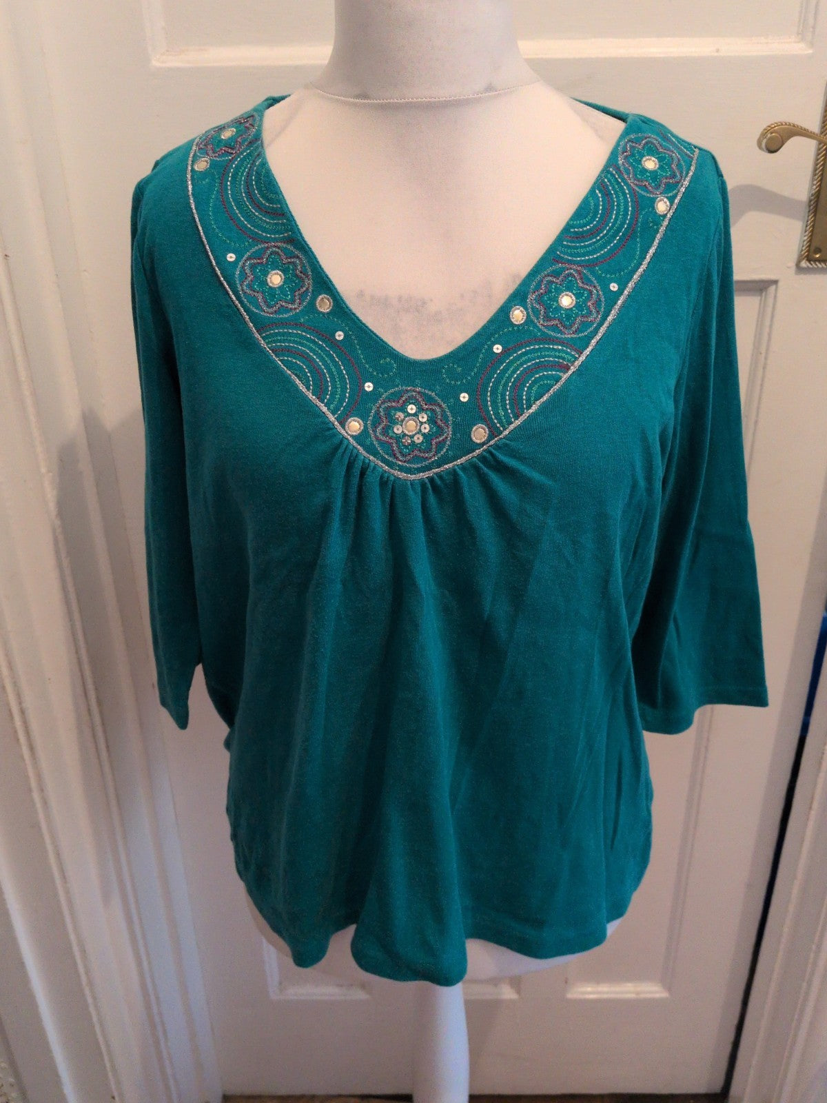 Essence 18 Teal V Neck With Patterned Neck Long Sleeve Blouse