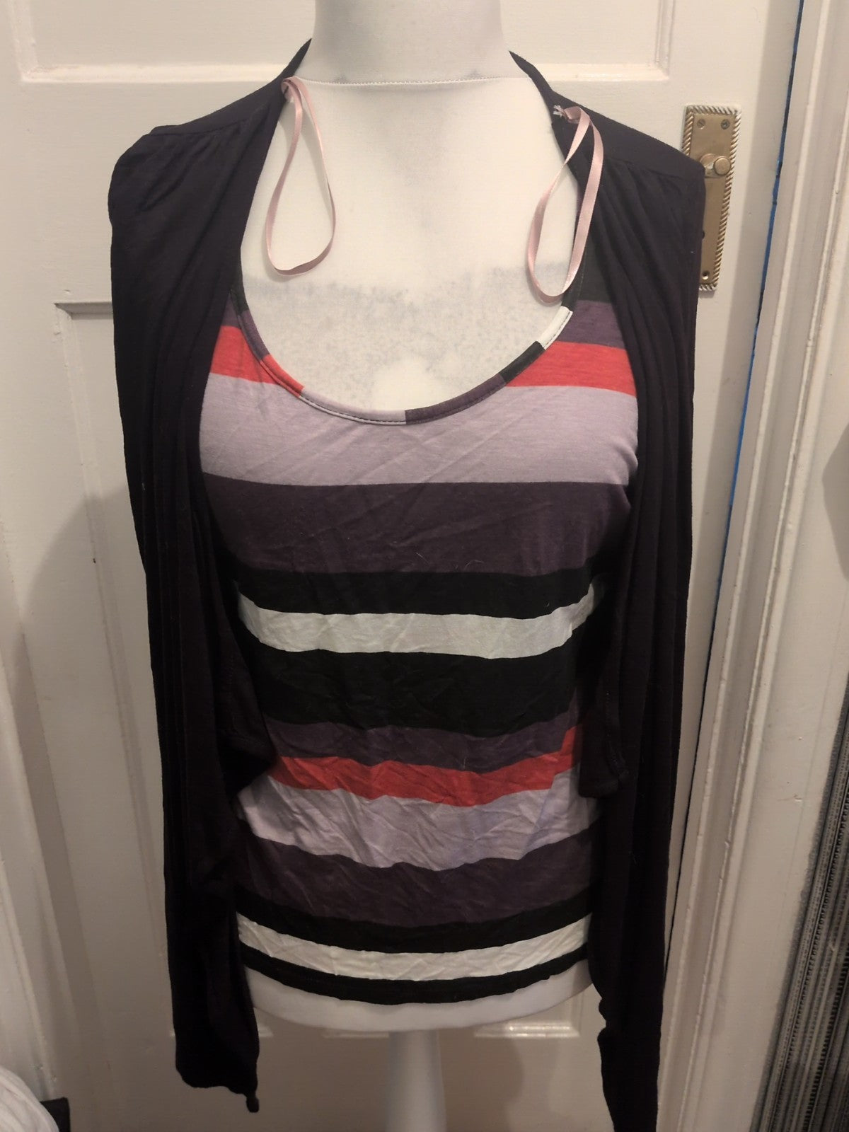 Soon 16 Black With Multi Stripe Short Sleeve Blouse