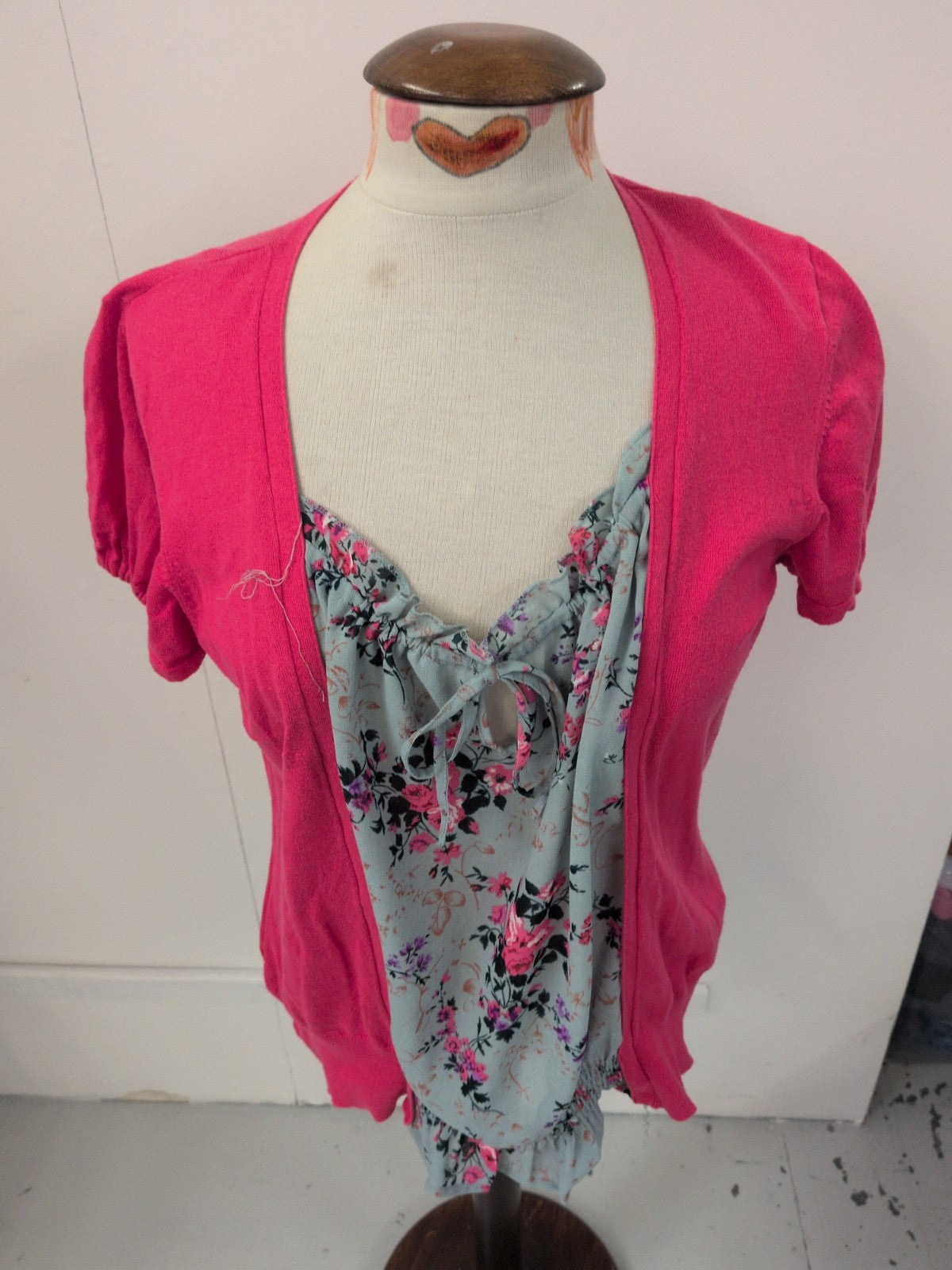 Next 16 Hot Pink With Grey Floral Short Sleeved Blouse