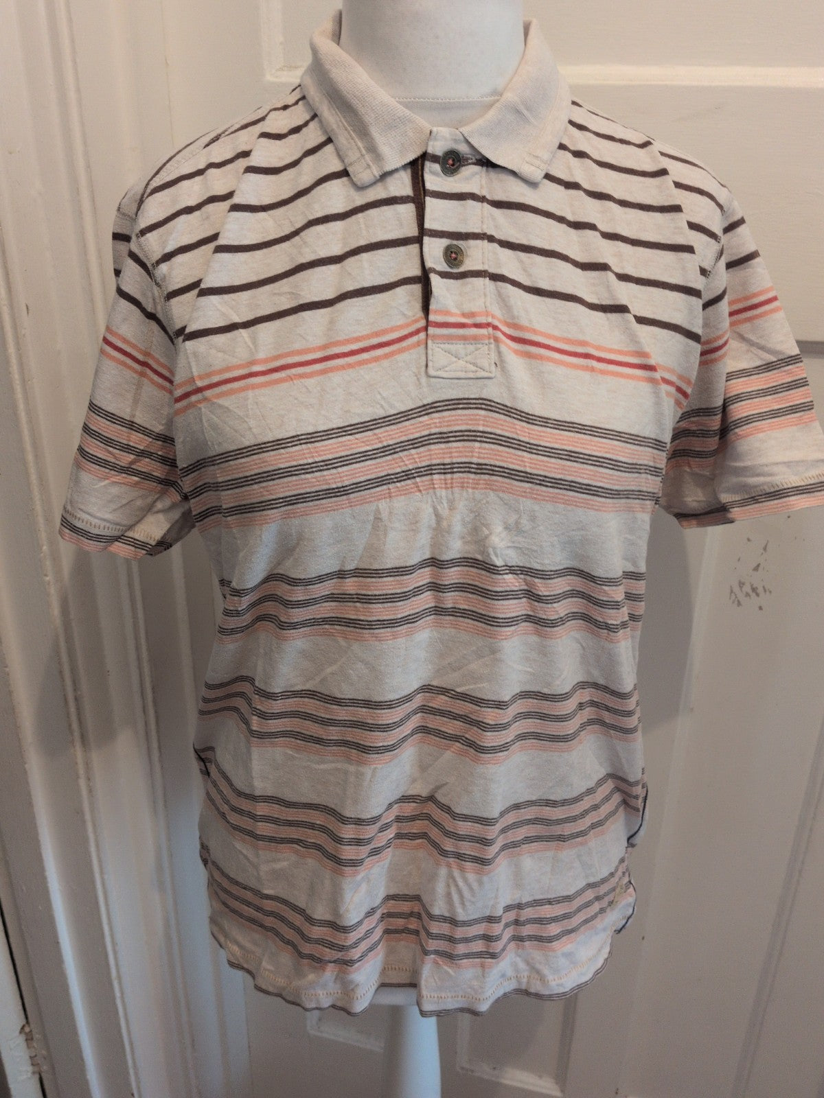 North Coast Medium Tailored Fit Pale Beige Short Sleeve Stripe Polo