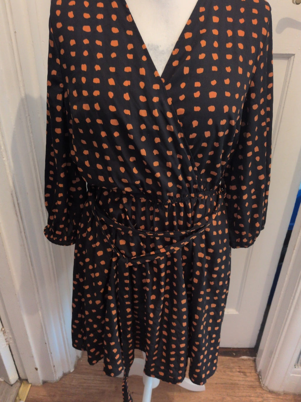 New Look 14 Orange And Black Long Sleeve V Neck Dress