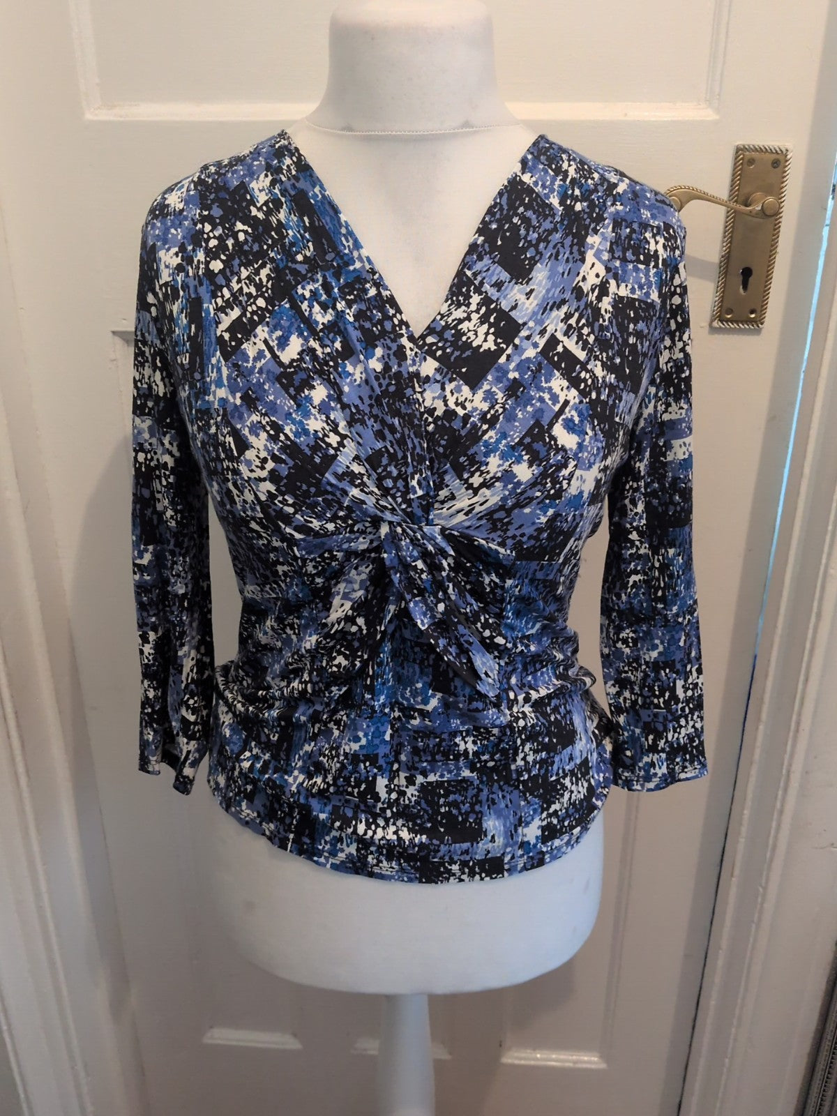 Cc Petite Small Blue Black White Long Sleeve Blouse