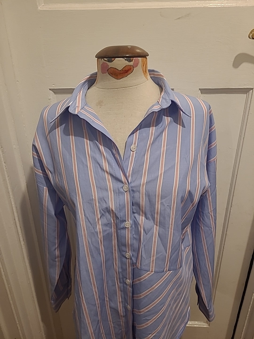 Ladies Primark Size 8 Pink/Lilac Striped Long Sleeved Shirt Dress Immaculate