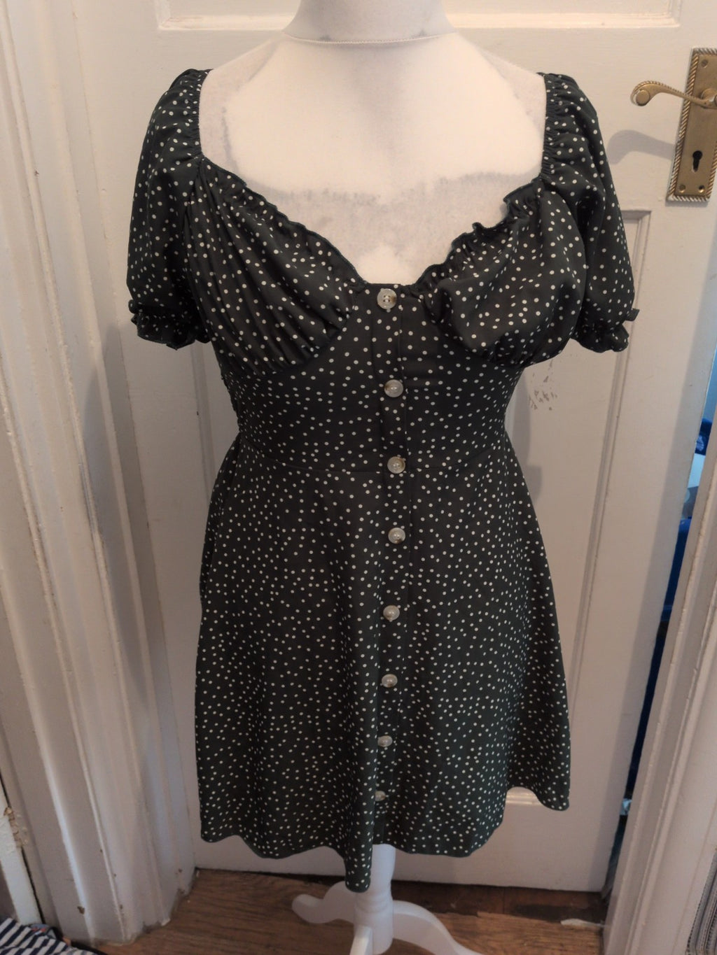 Shein Medium Green And White Spotty Short Sleeve Short Dress