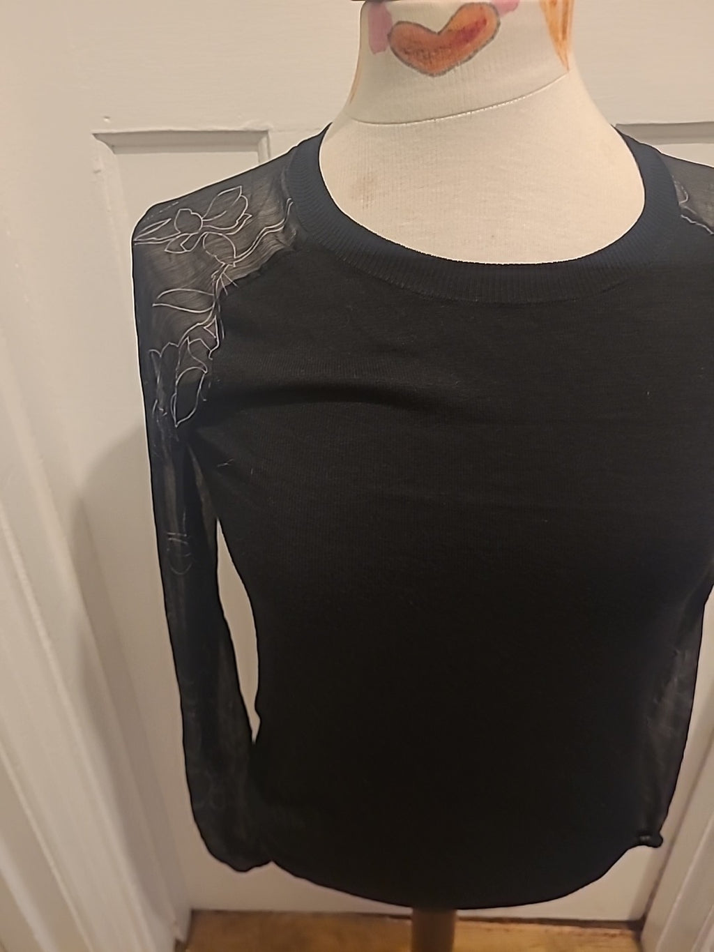 Ladies Next Size 8 Black With Grey See Through Sleeved Blouse