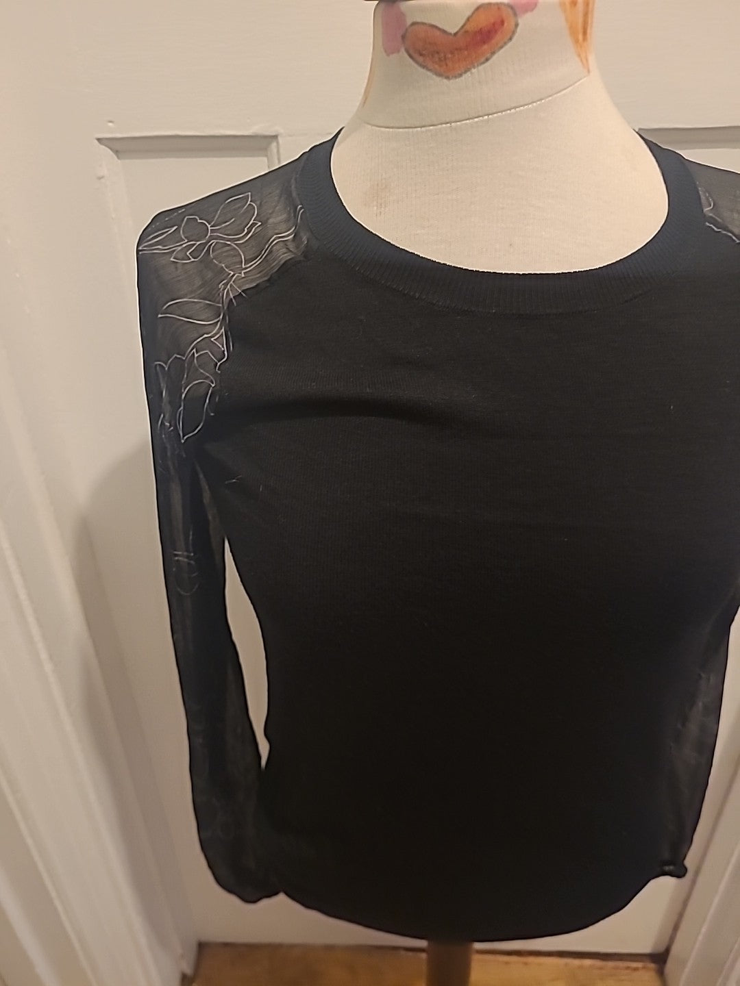 Ladies Next Size 8 Black With Grey See Through Sleeved Blouse