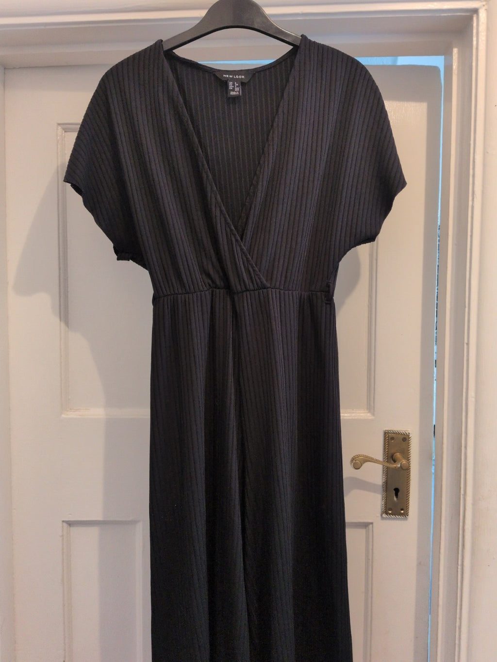 Ladies New Look Size 6 Black Brushed Rib Belted V Neck Jumpsuit