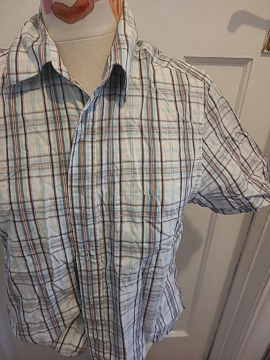 Mens Easy Size S Pale Blue White Navy Check Short Sleeved Shirt