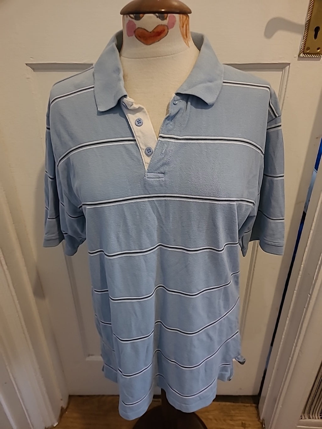 Mens PNG Size Large Pale Blue White Striped Polo(1 Small Mark On Front)