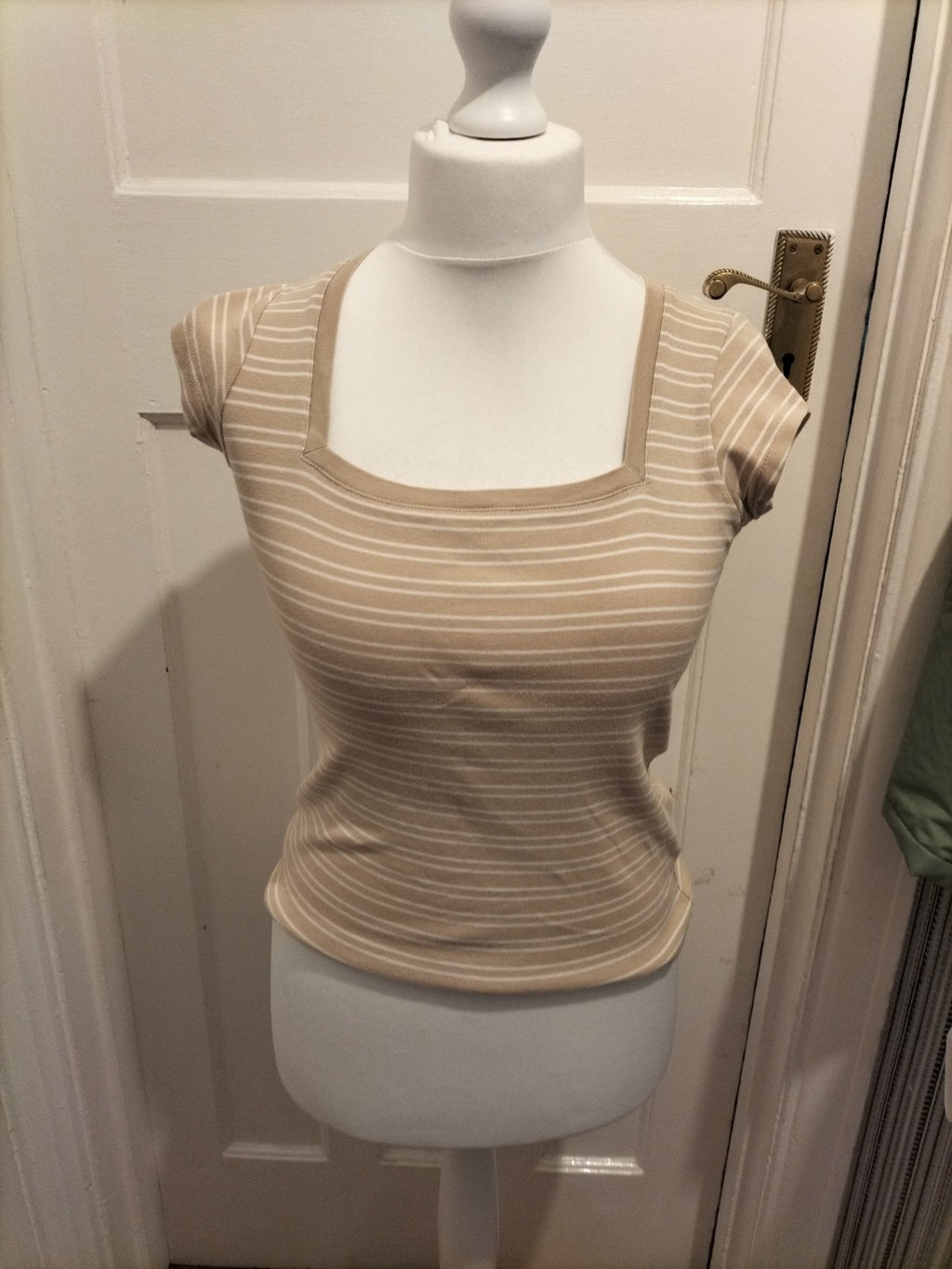 Ladies E-Vie Size 10-12 Pale Beige And White Striped Cap Sleeved Tshirt