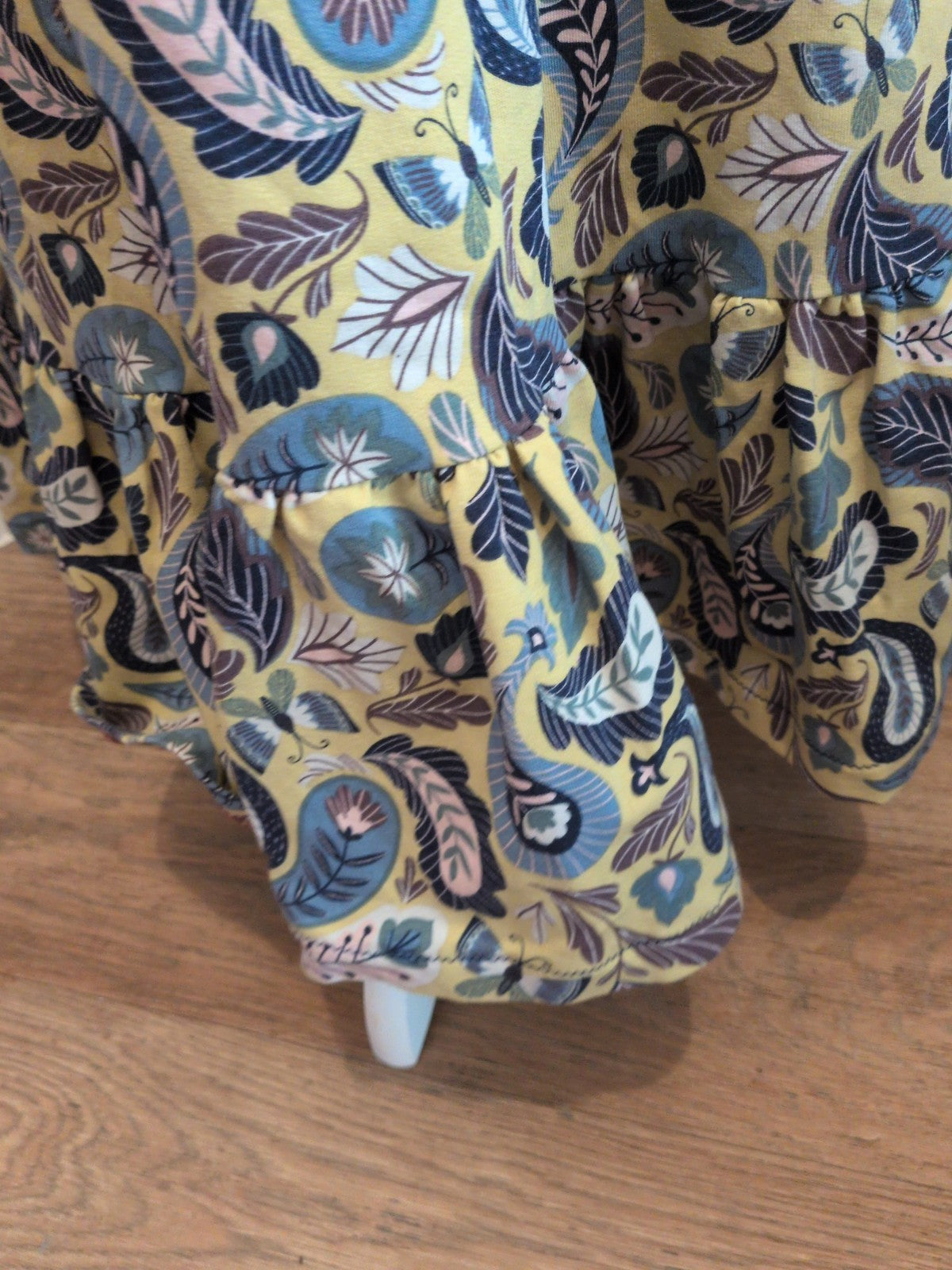 2xl(22-24) Yellow Leaf Patterned High Neck Long Sleeve Long Length Dress