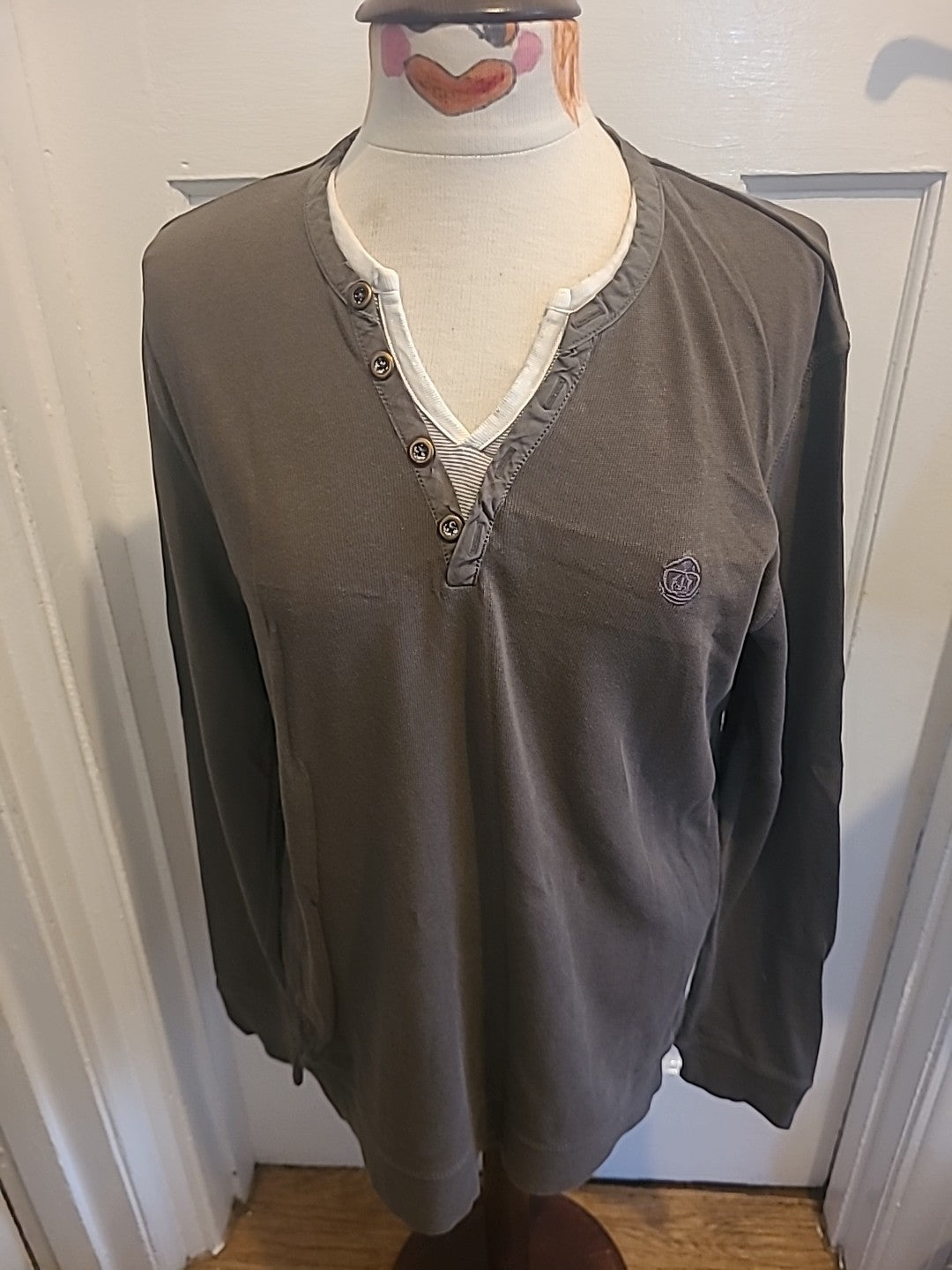 Mens Next Size Large Khaki Long Sleeved Polo Uncollared
