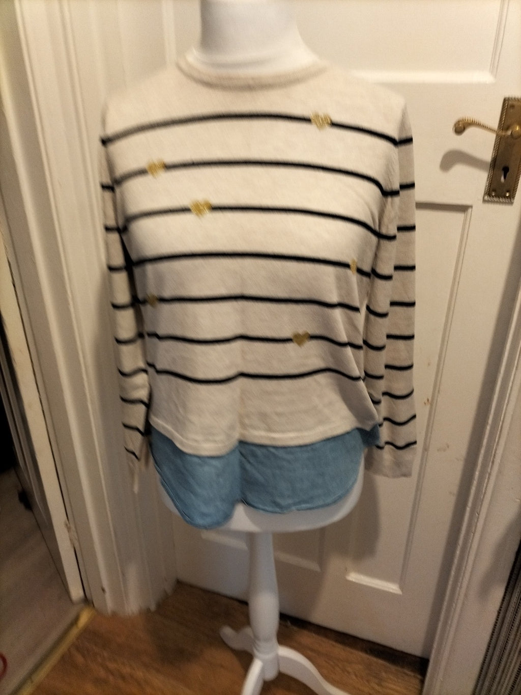 Ladies George Size 10 Black Striped With Blue Hem Long Sleeved Pullover Jumper
