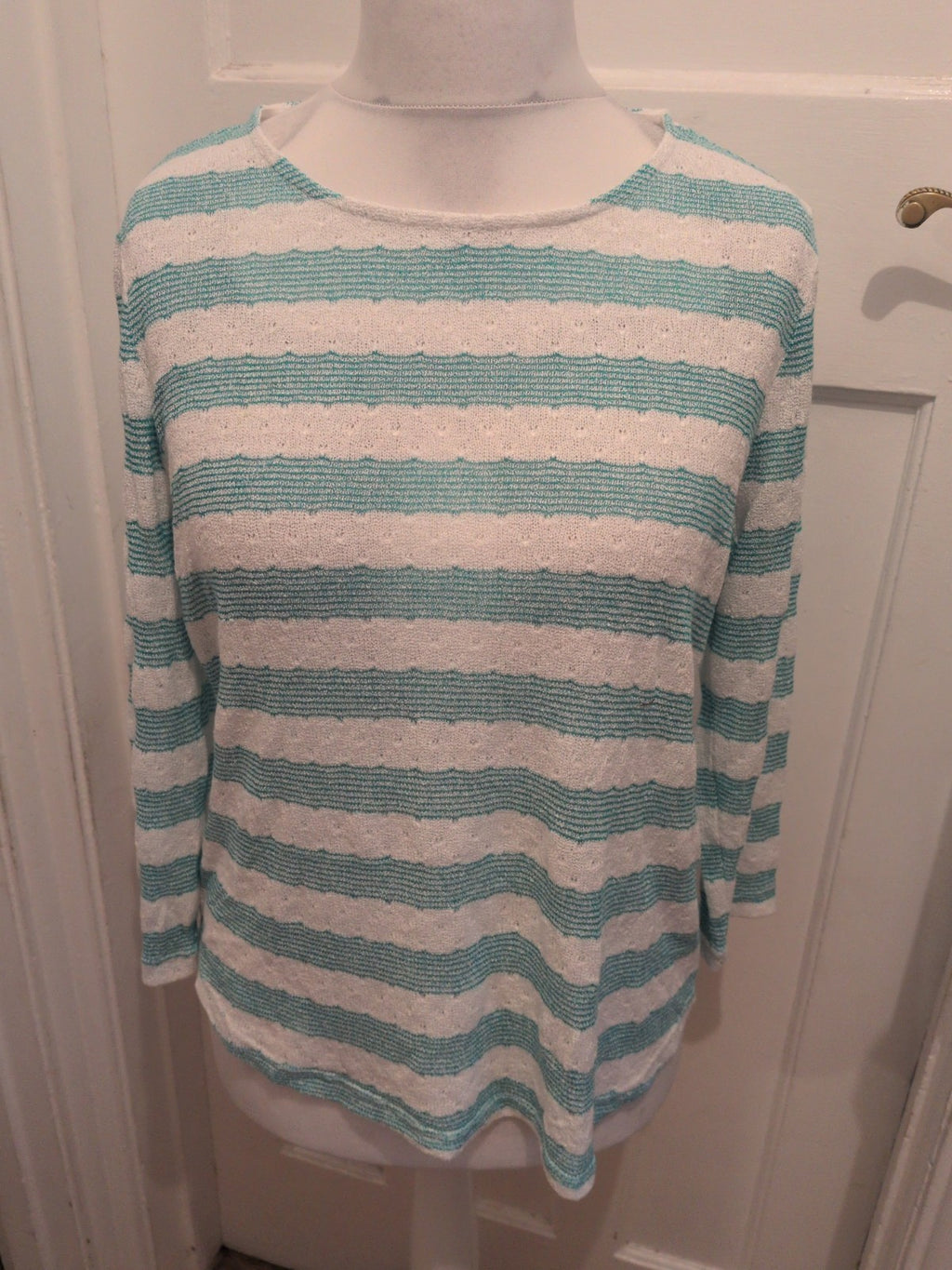 BM Causal 16 Aqua White Stripe Long Sleeve Blouse