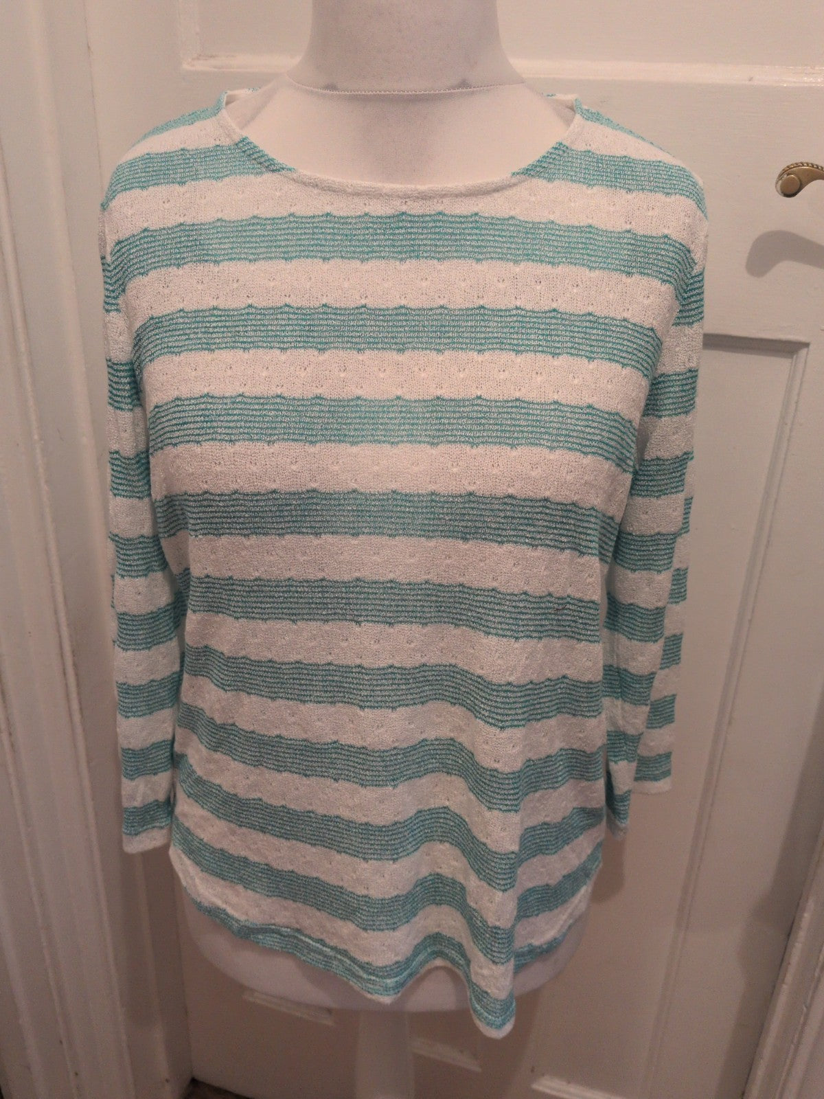 BM Causal 16 Aqua White Stripe Long Sleeve Blouse