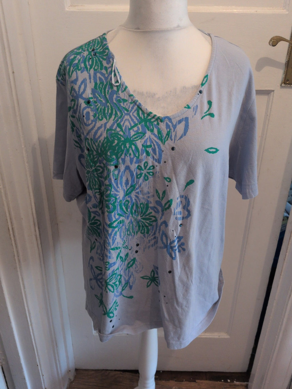 Ladies Damart 26/28 Lilac Blue And Green Short Sleeve Blouse