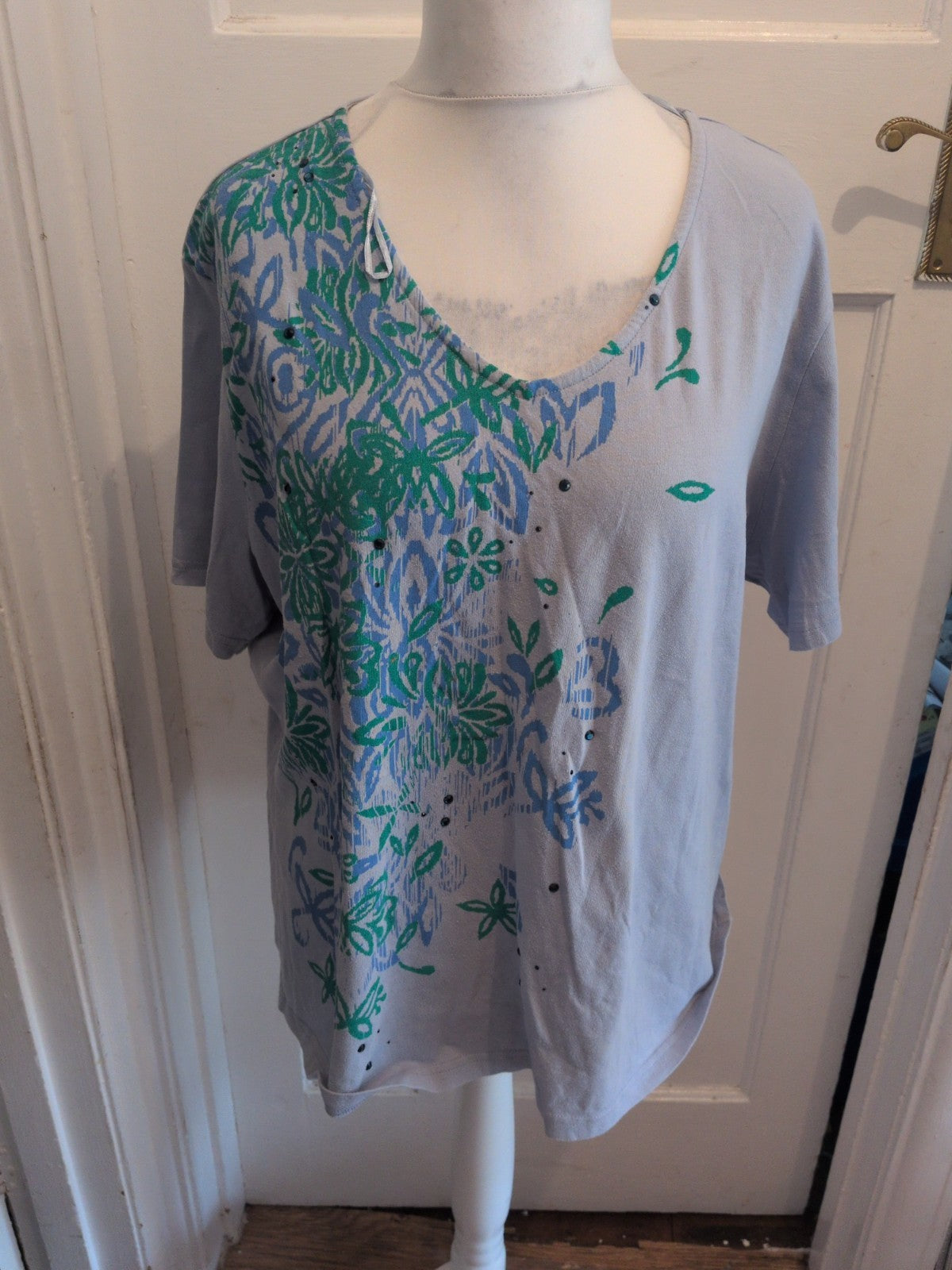 Ladies Damart 26/28 Lilac Blue And Green Short Sleeve Blouse