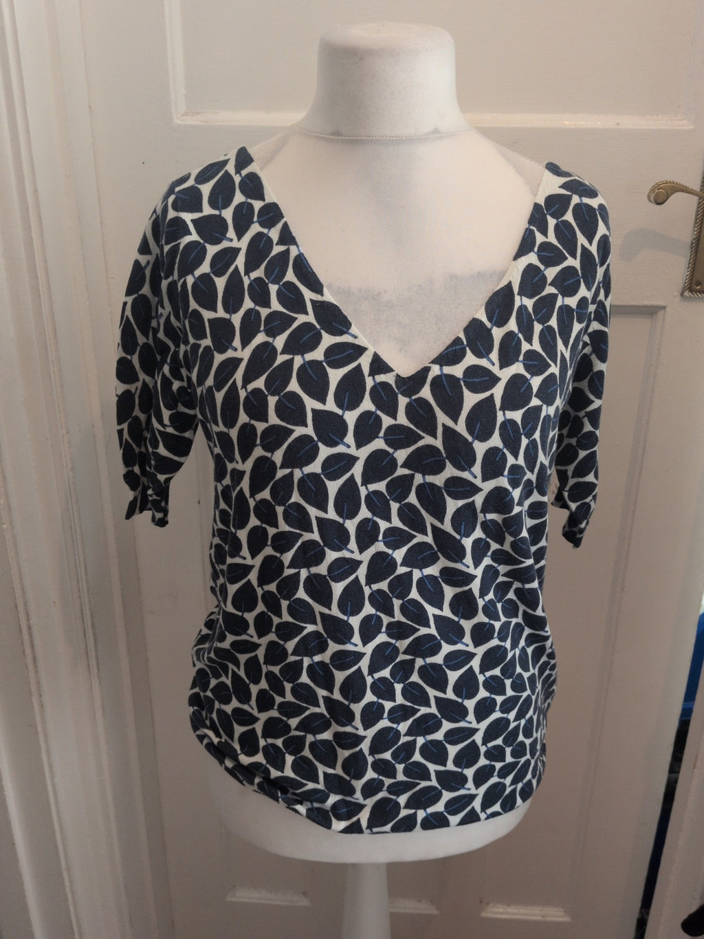 Next 12 Blue And White Leave Wide V Neck Short Sleeve Blouse