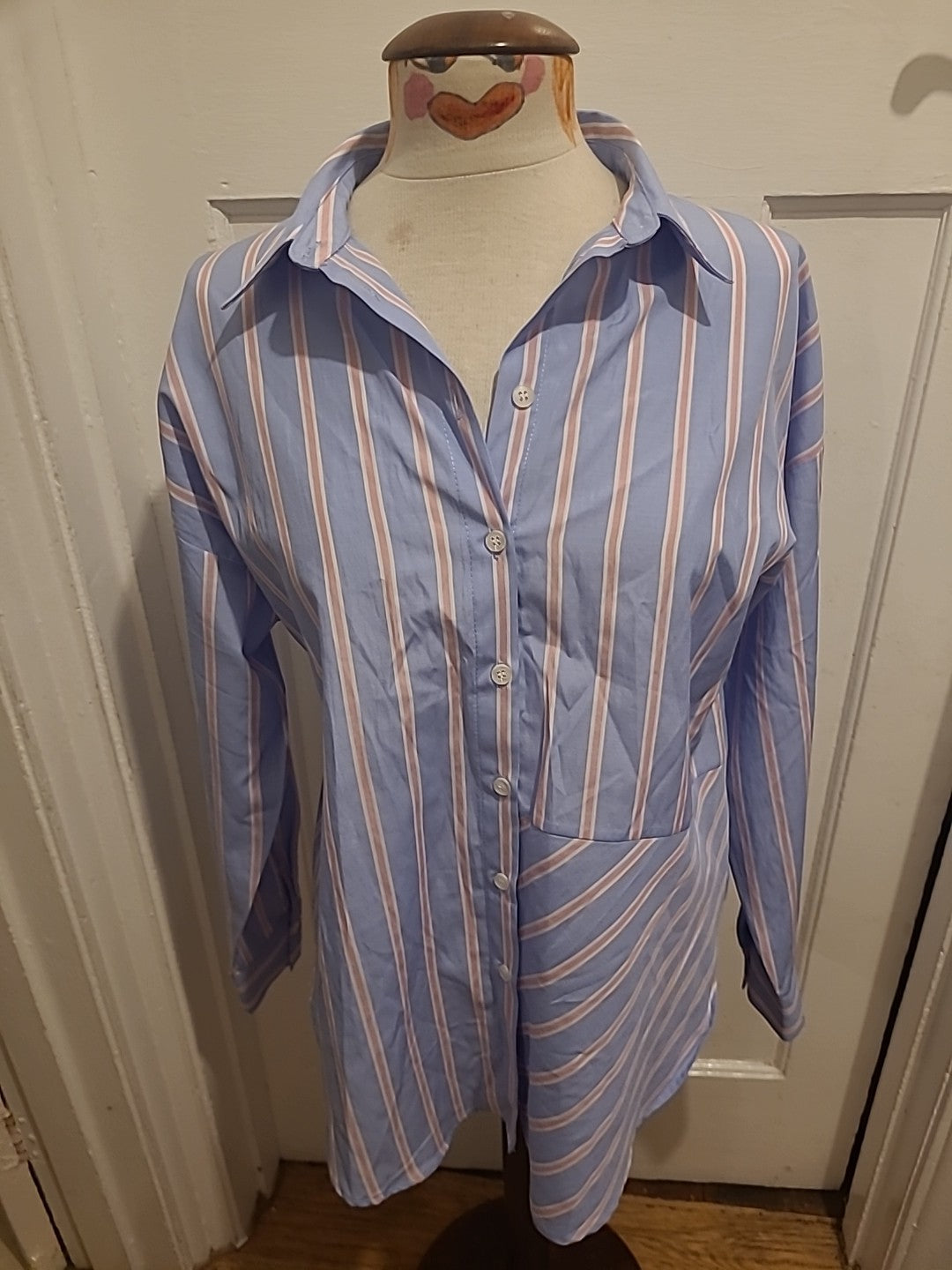 Ladies Primark Size 8 Pink/Lilac Striped Long Sleeved Shirt Dress Immaculate