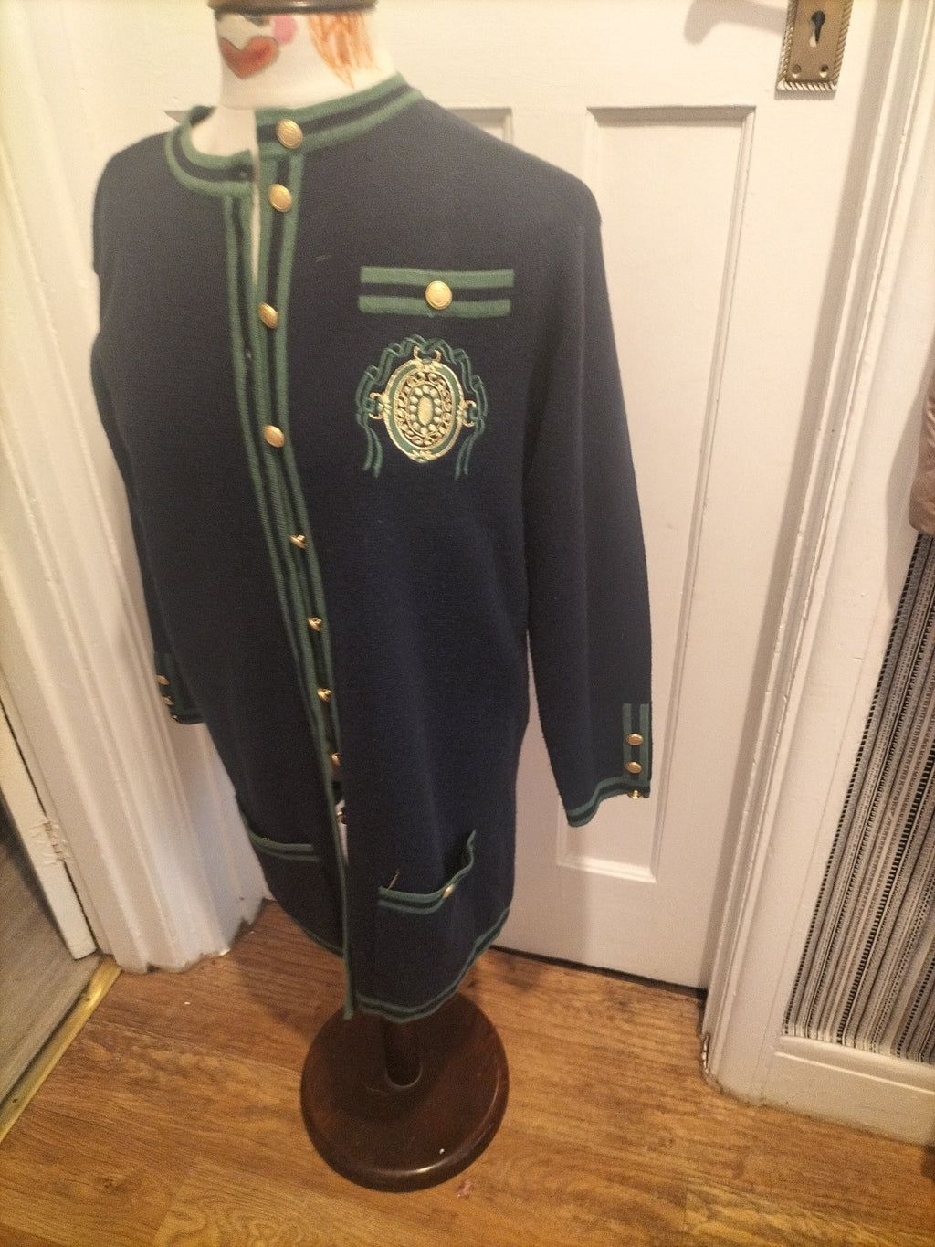 Ladies Emreco Size Euro 36 Navy Green Trim Long Sleeved Cardigan