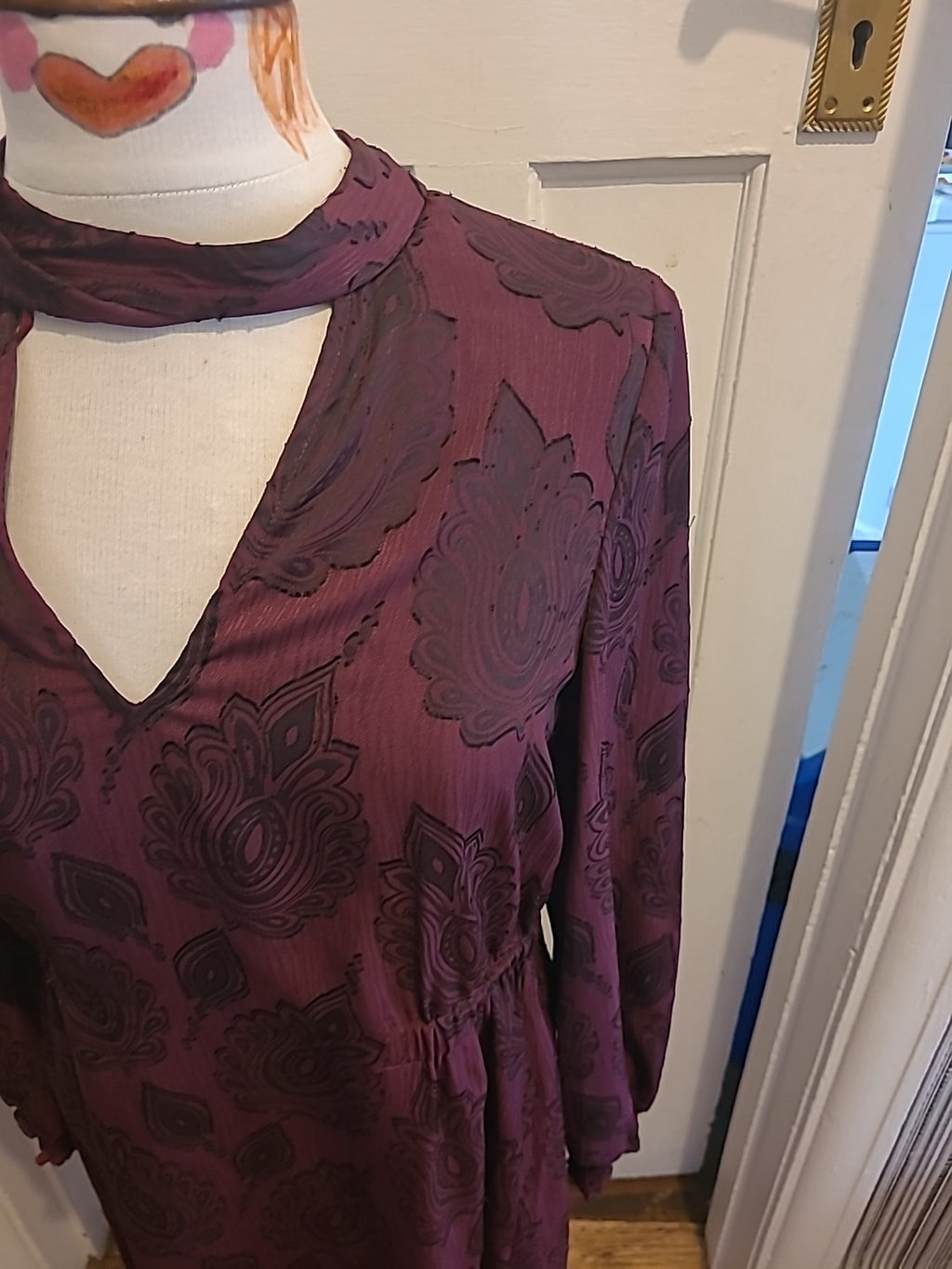 Ladies Marks And Spencer Size 8 Purple Black Floral Long Sleeved Dress