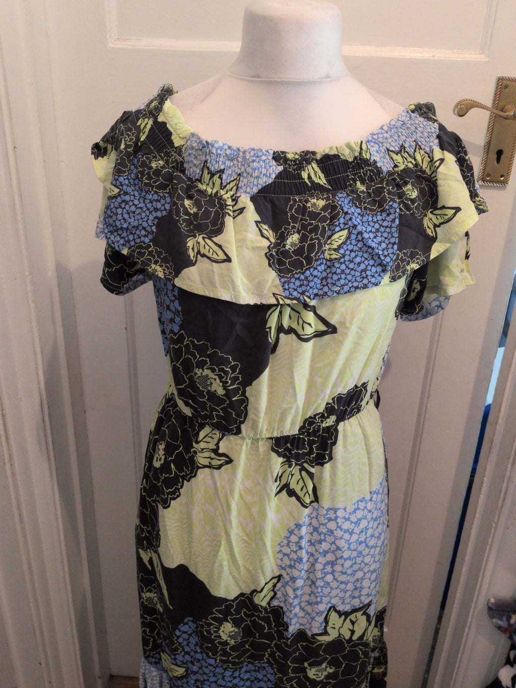 Ladies Next Size 12 Lime Green Black And Blue Long Length Floral Dress