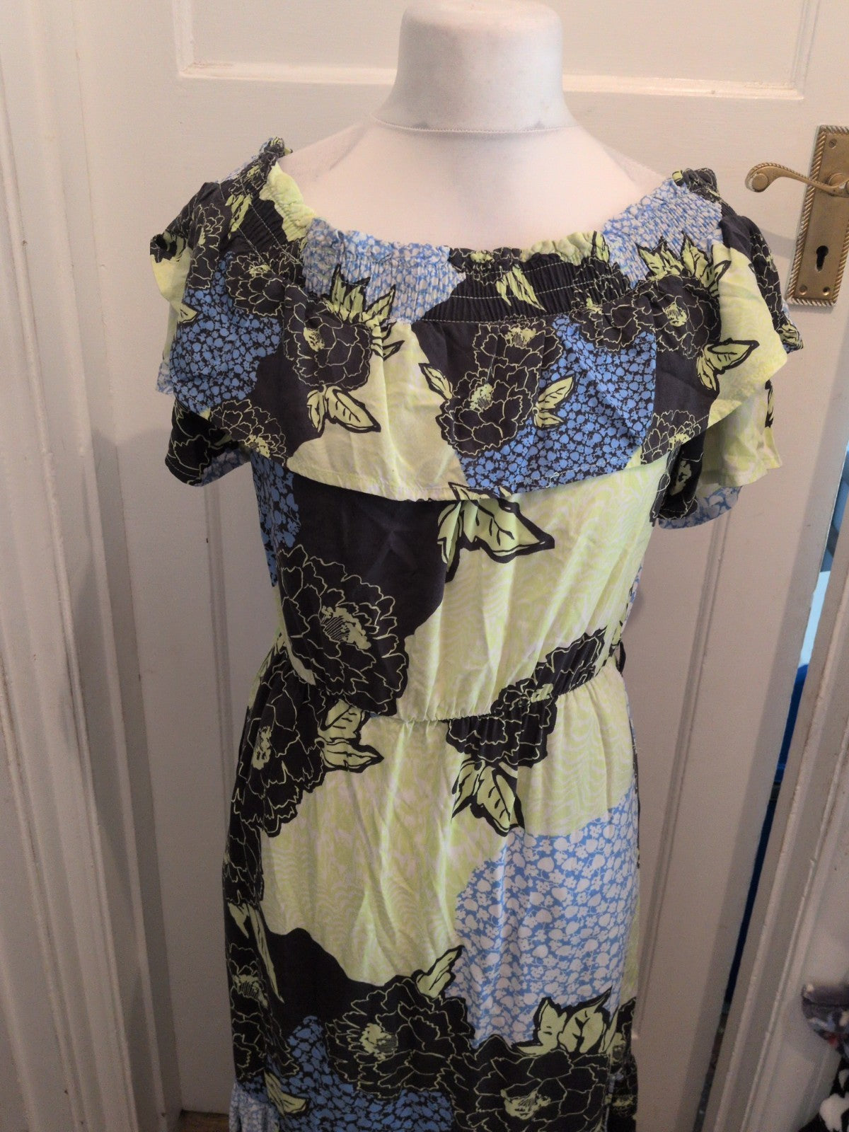 Ladies Next Size 12 Lime Green Black And Blue Long Length Floral Dress