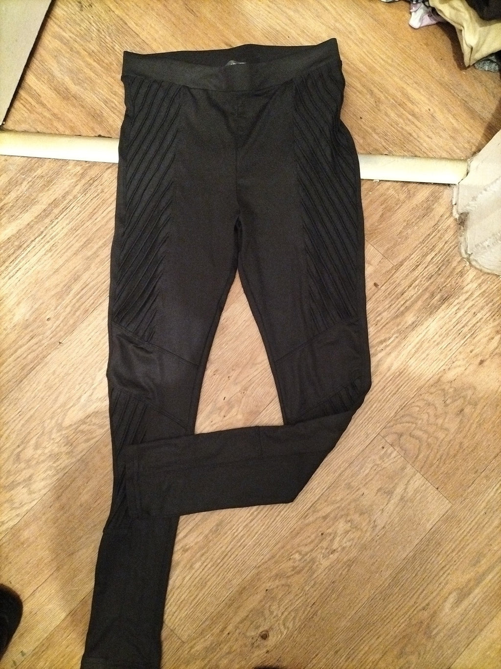 Primark Small 10-12 Black Ribbed Stretch Leggings Pleat