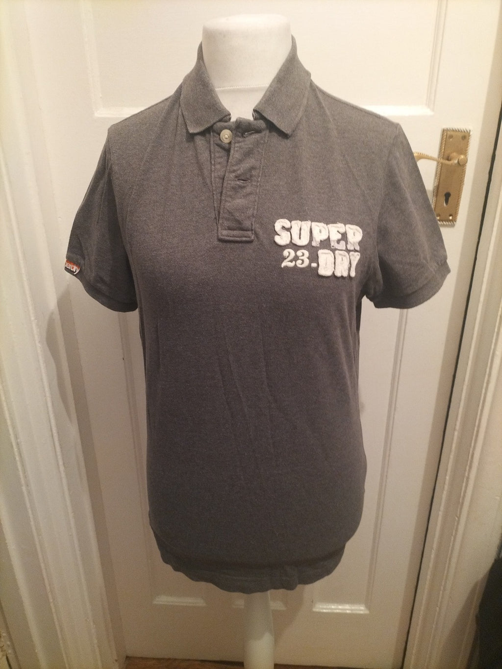 Mens Superdry Size L Grey Short Sleeved Polo With Brand Logo On Front