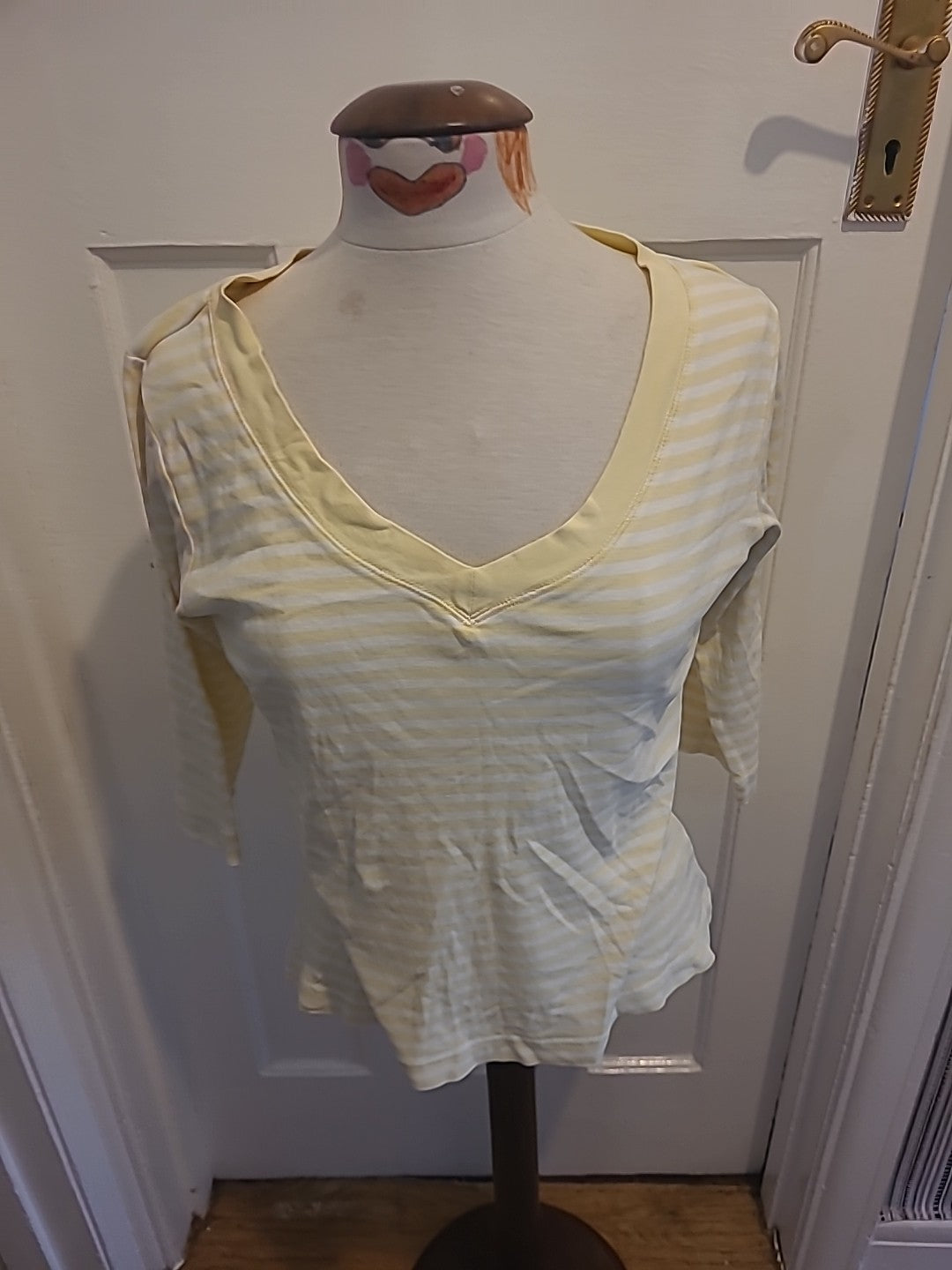 Ladies Tu Size 16 Cotton Yellow White Striped Mid Sleeved Tshirt