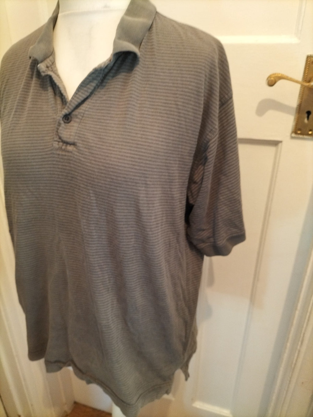 Mens Cedarwood State Size Large Grey And Navy Striped Short Sleeved Polo