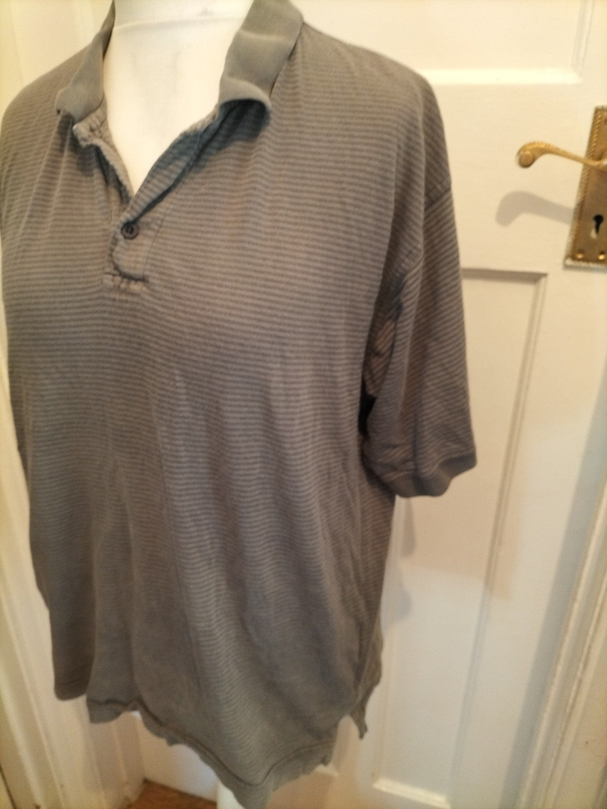 Mens Cedarwood State Size Large Grey And Navy Striped Short Sleeved Polo