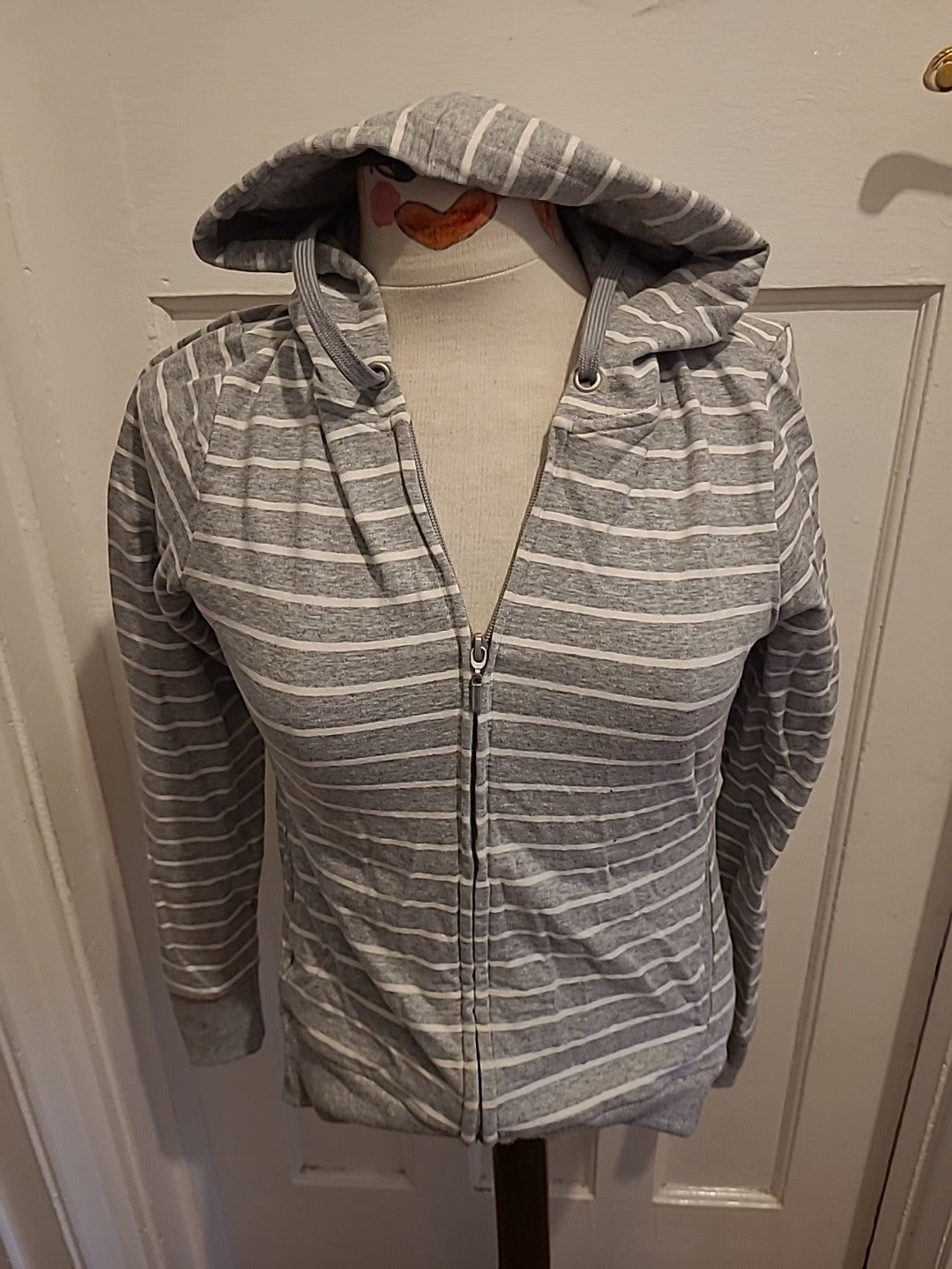 Ladies Marks And Spencer Size 8 Grey White Striped Hoodie