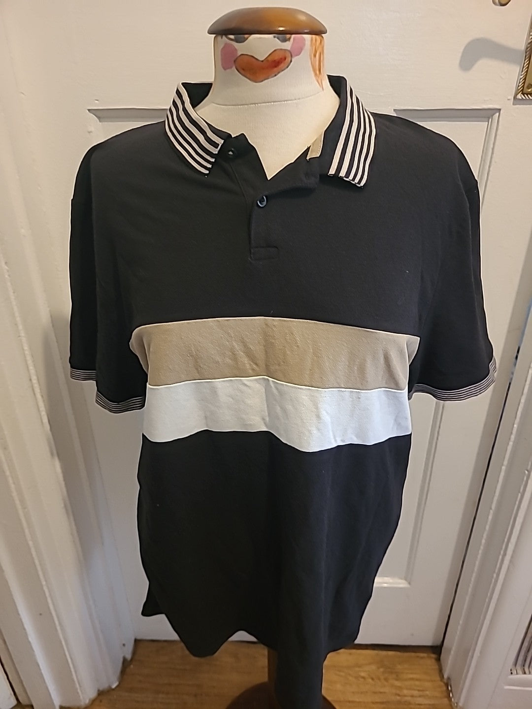 Mens Primark Size Medium Black/Beige Striped Polo