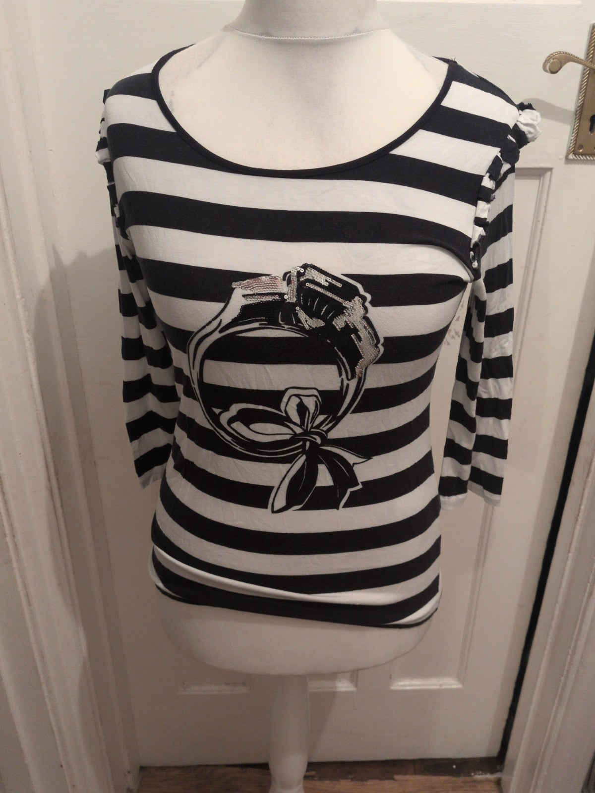 Ladies Oasis Size Medium Black Stripe With Sequins Long Sleeve Tshirt
