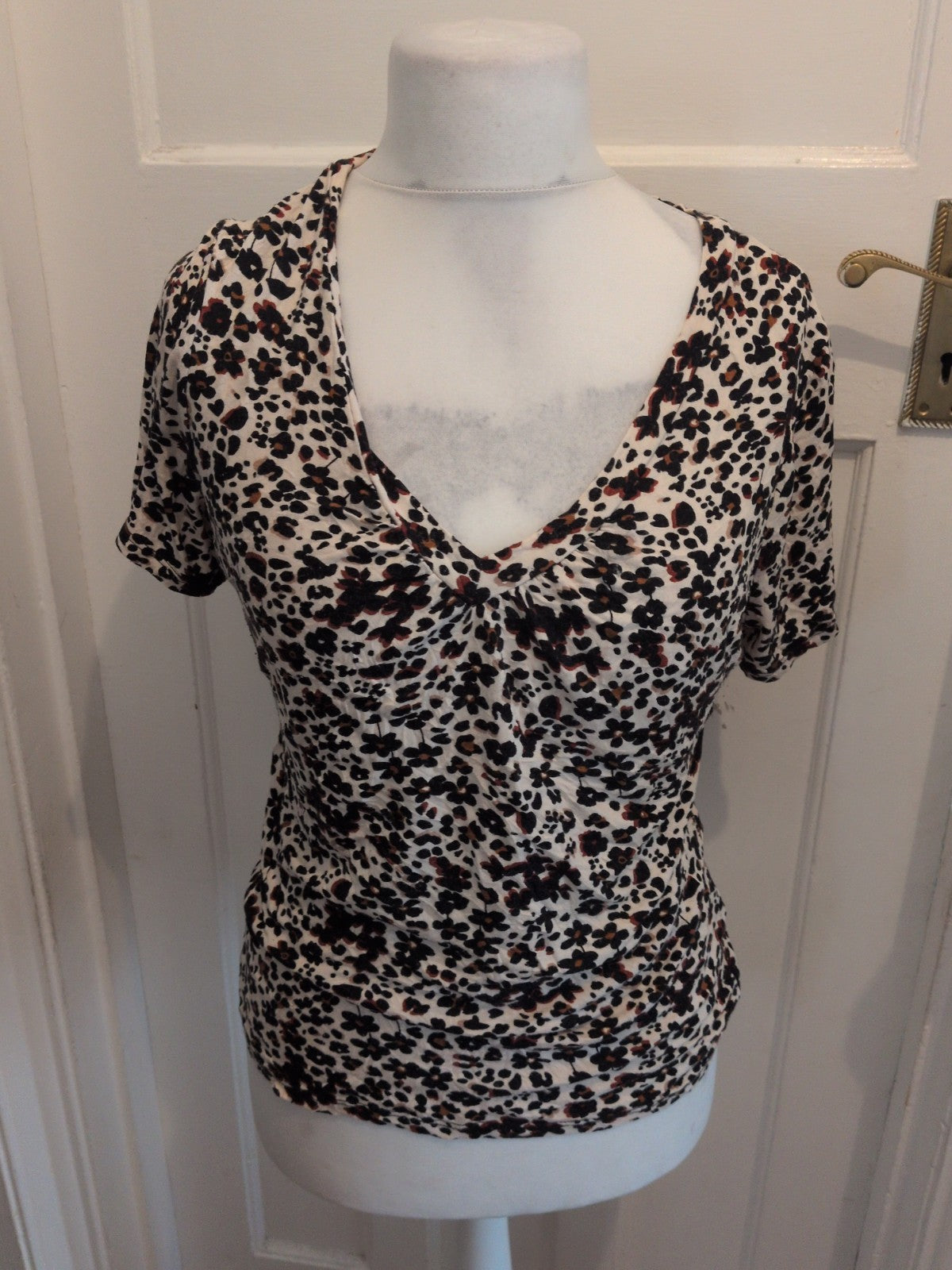 Tu 12 Beige Black Floral V Neck Blouse