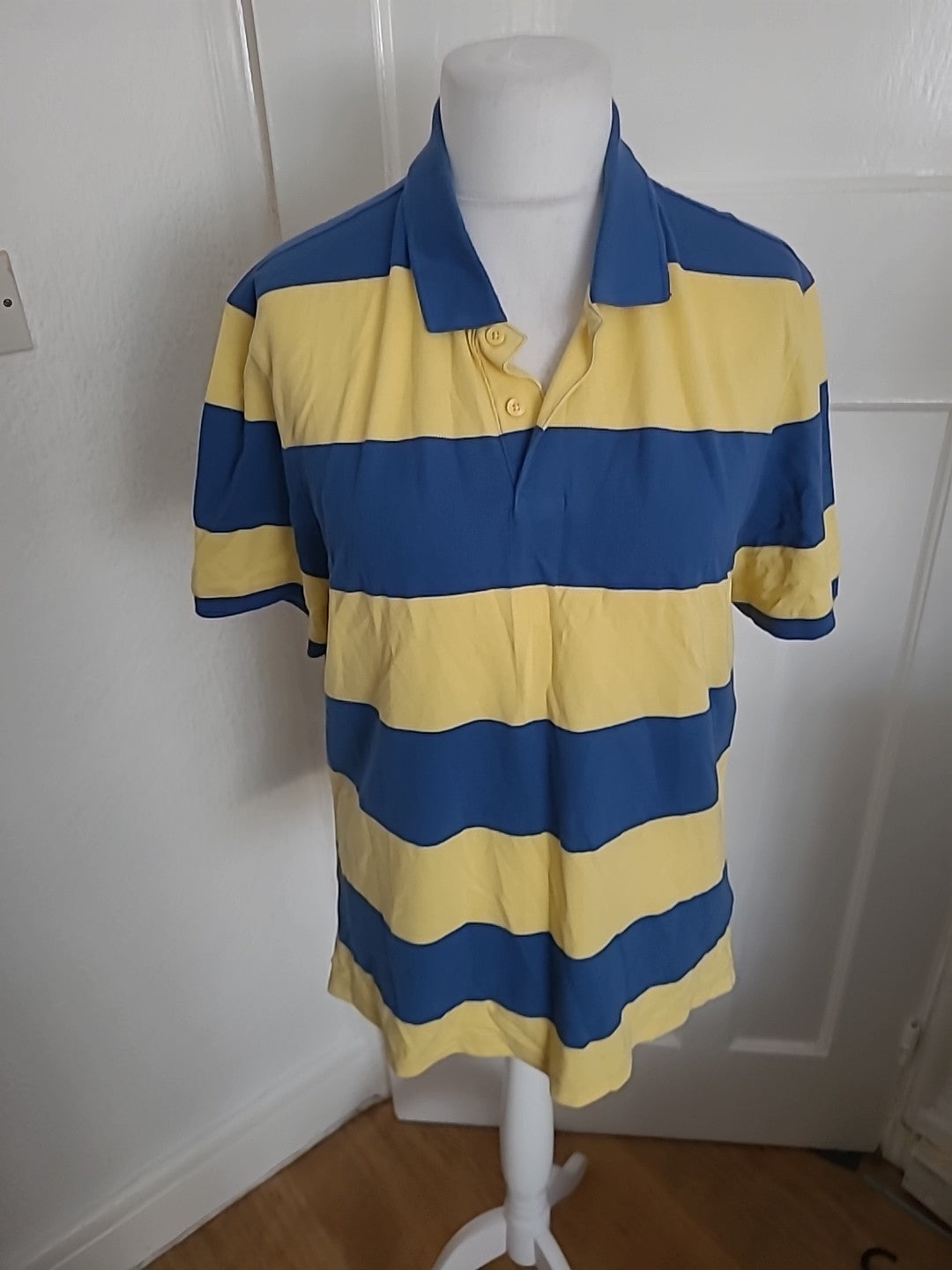 Mens M&S Size L Reg Yellow And Blue Striped Short Sleeved Polo