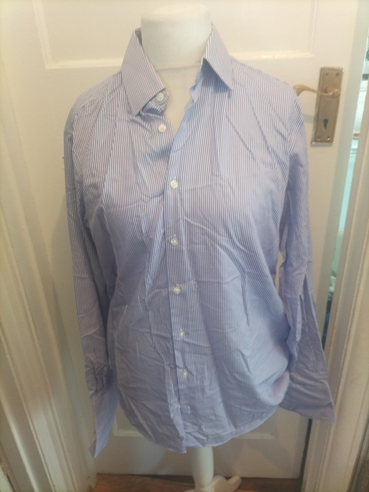 Mens M&S Man Size 16" Purple And White Striped Ultimate Non Iron Shirt