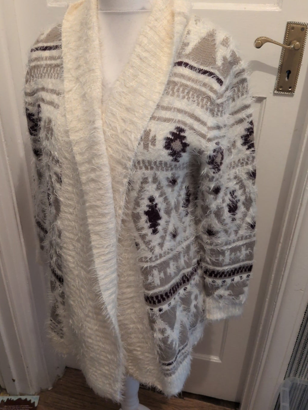 Peacocks Medium Fluffy Beige/Cream/Purple Open Cardigan