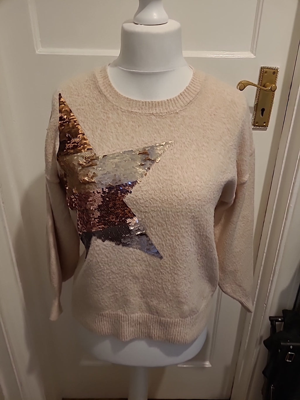 Ladies F&F Size Medium Pale Pink Woth Sequin Star Pullover Jumper