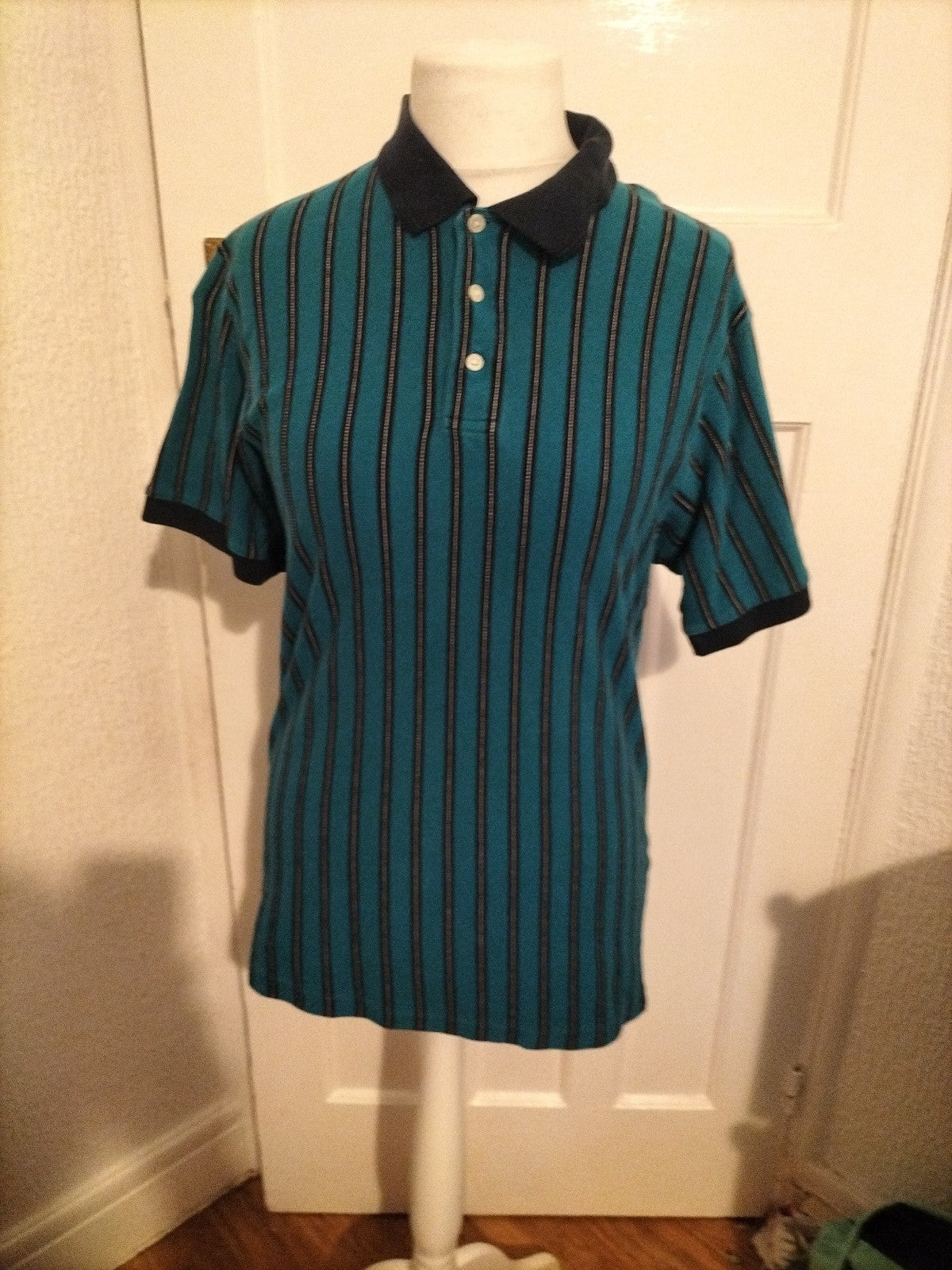 Mens BHS Size Small Teal/Black/White Short Sleeved Polo