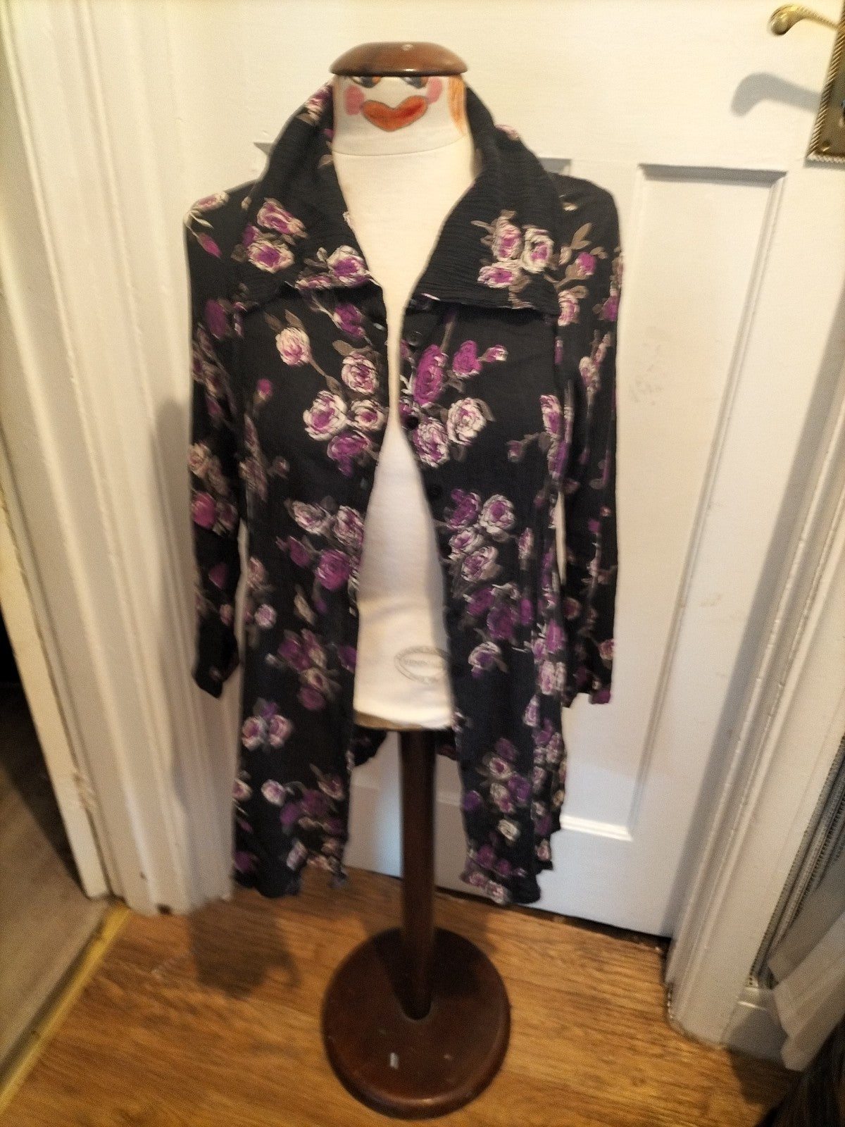 Ladies Masai Size Small Black With Purple Floral Long Sleeved Buttoned Dress