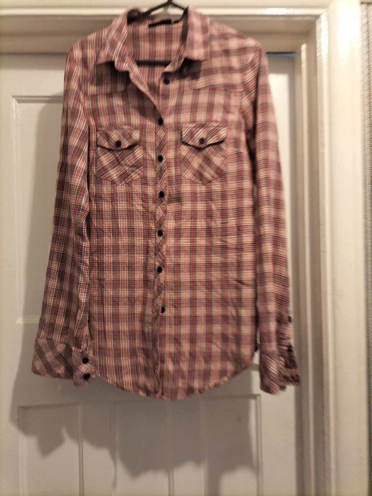 Ladies Topshop Size 8 Purple Red Check Long Sleeved Blouse