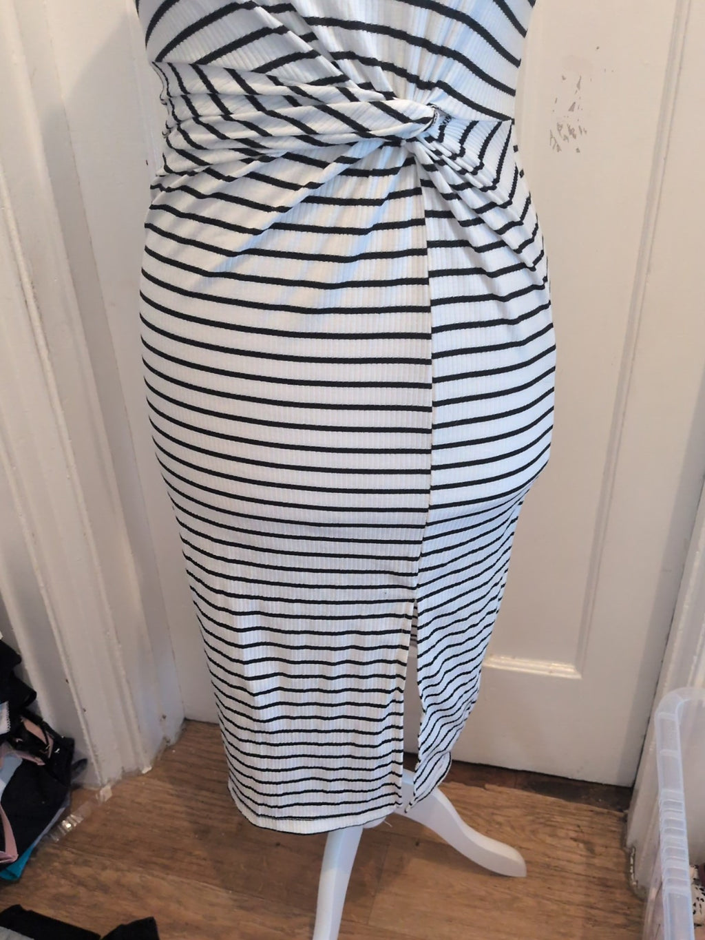 Medium Black And White Striped Split Hem Sleeveless Dress