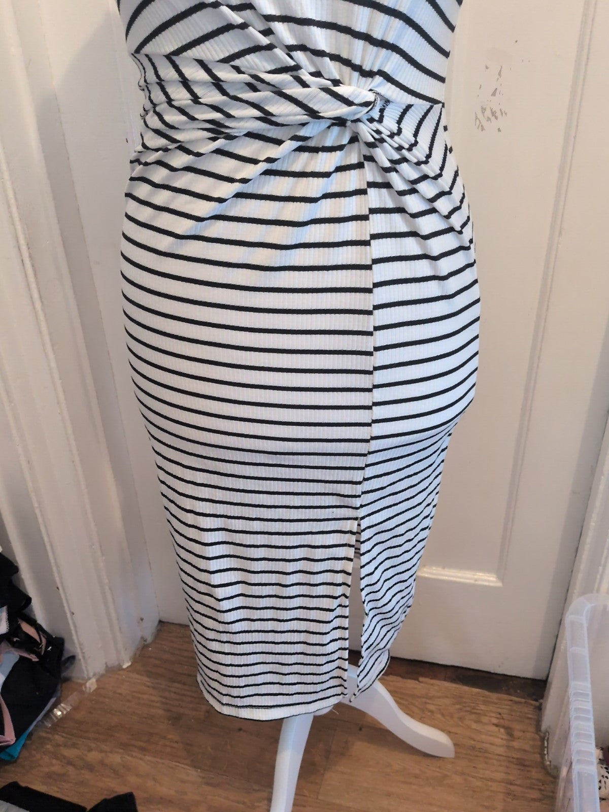 Medium Black And White Striped Split Hem Sleeveless Dress