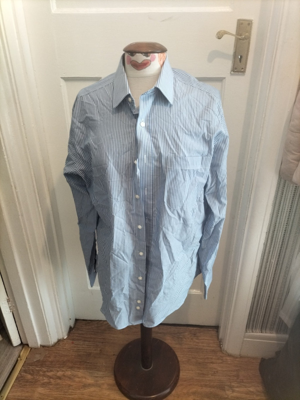 Mens Marks And Spencer Size 16" Blue White Striped Long Sleeved Cotton Rich...