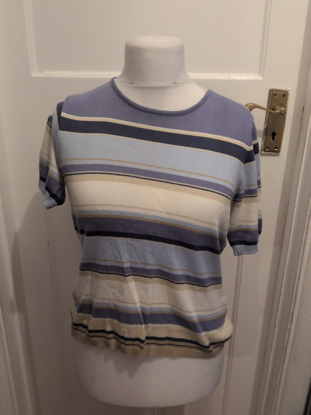 Jaeger 14 Blue White Brown Short Sleeve Blouse