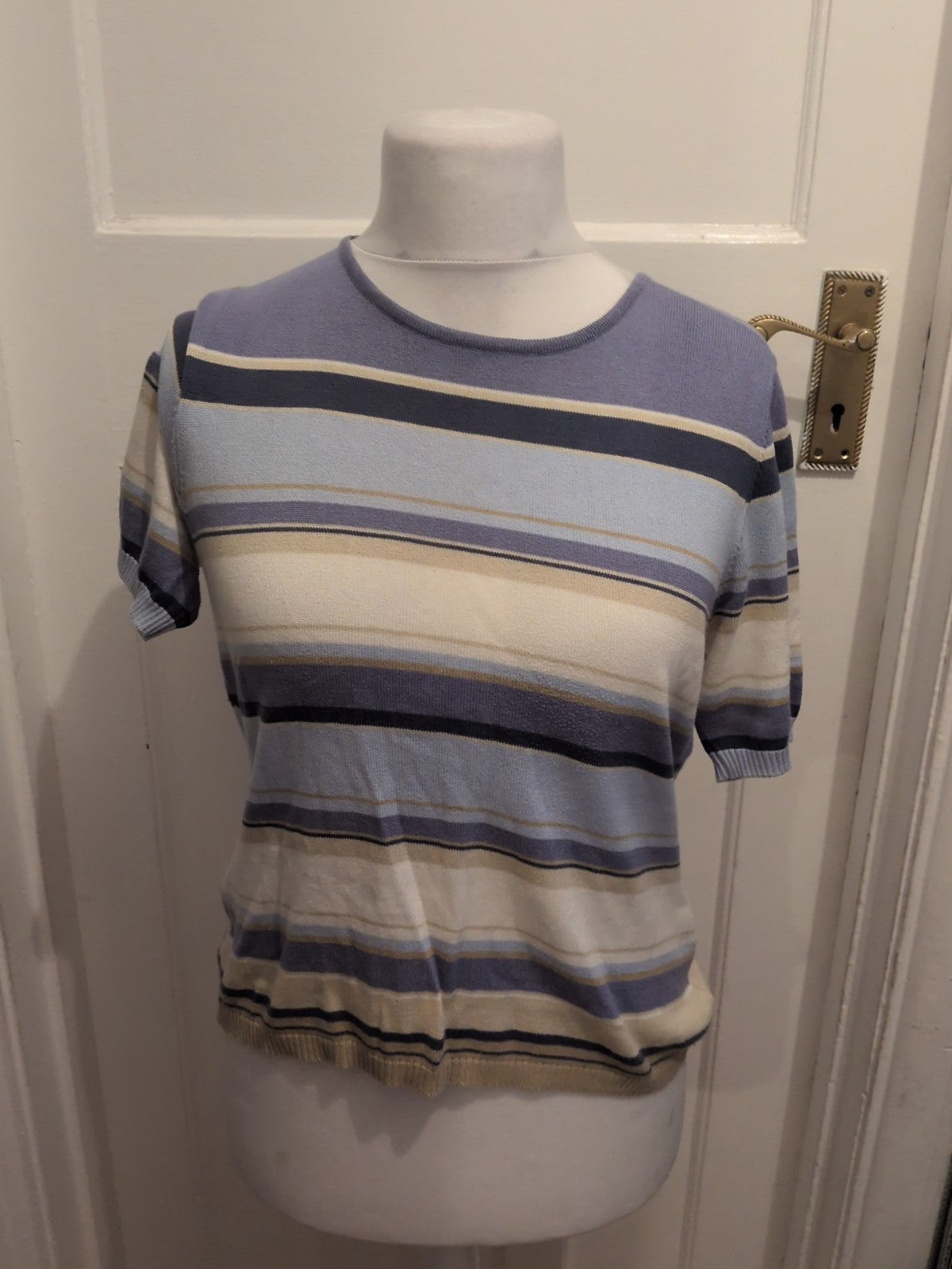 Jaeger 14 Blue White Brown Short Sleeve Blouse