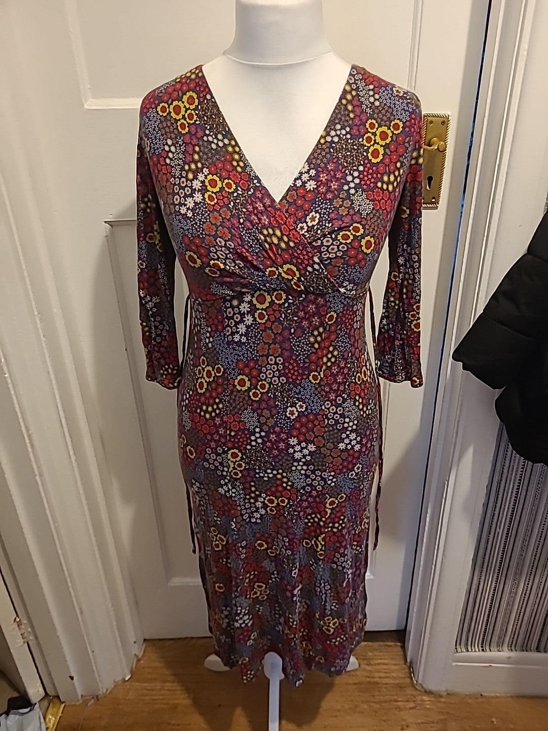 Ladies Per Una Size 10L Multicoloured Floral V Neck Dress